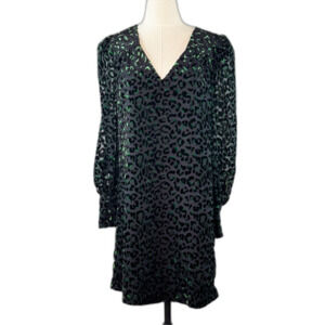 Milly | Green Leopard Velvet Burnout | Shift Dress | Sz 8 | Blouson Sleeve